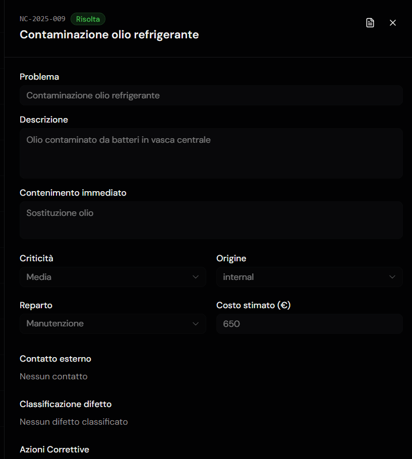 Dettaglio di una non conformità in Quanco: problema, contenimento, criticità e costo stimato