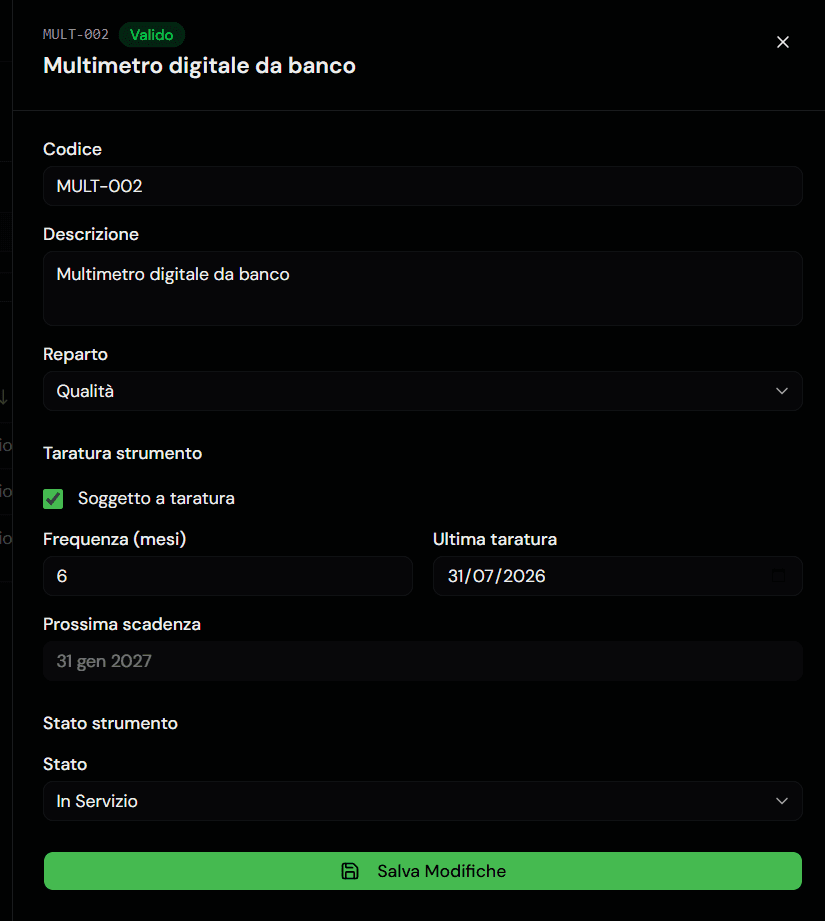 Scheda strumento in Quanco con frequenza di taratura, ultima taratura e prossima scadenza